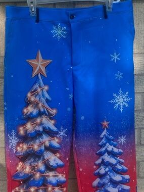 Mens Ouku Christmas Tree Suit Pants Blue Festive Holiday Trousers L